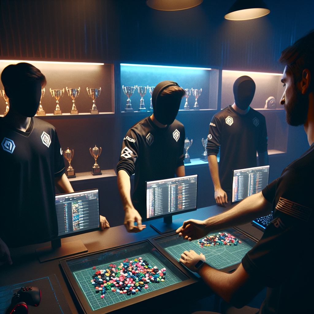 Dota 2 esports roster handshake in bootcamp with strategy board and trophies